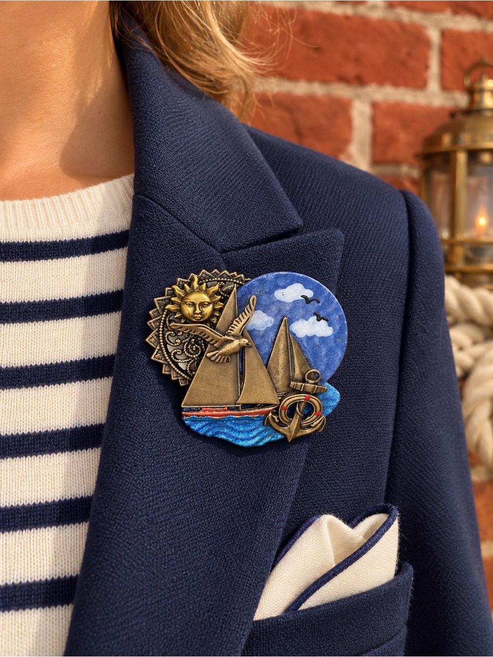 Vintage Montage Designs Nautical Brass Tone Sailing Brooch